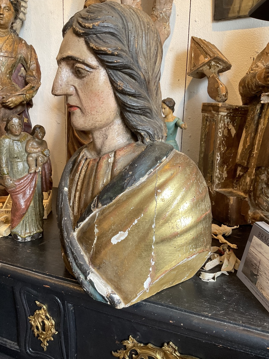 17th Century Polychrome And Gilded Wooden Bust From Italy-photo-2
