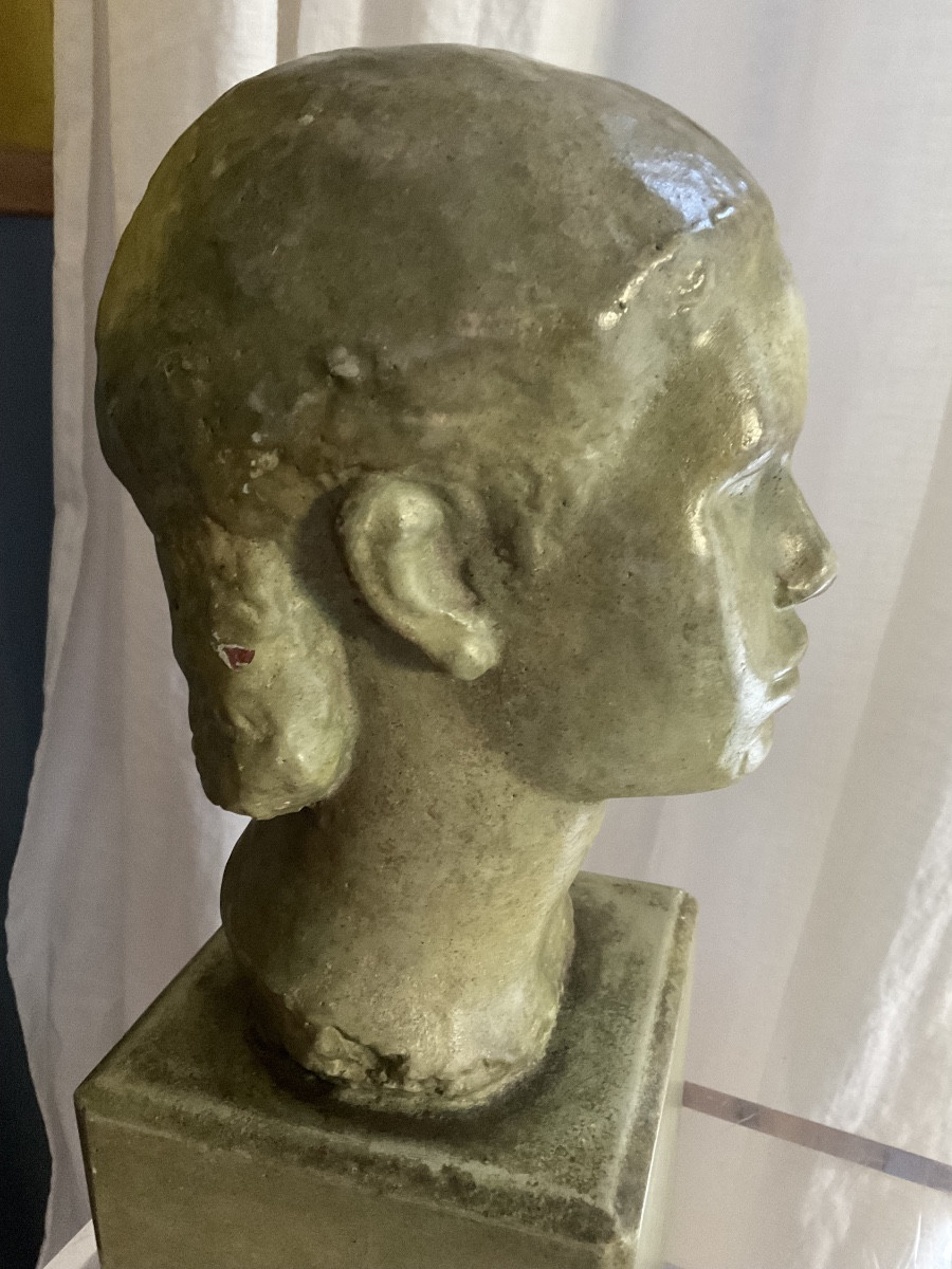 Head Of A Woman In Soft Green Glazed Terracotta-photo-4