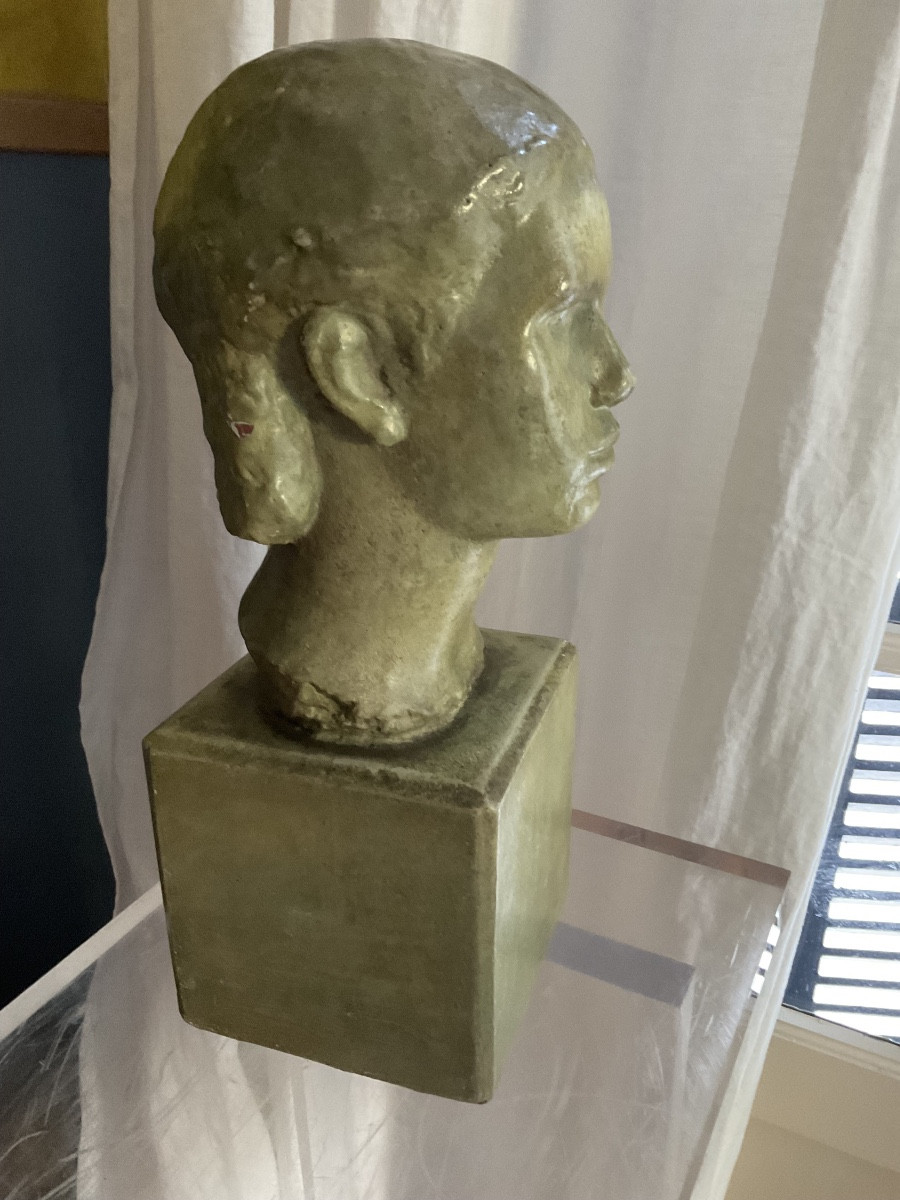 Head Of A Woman In Soft Green Glazed Terracotta-photo-5