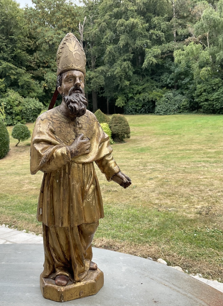 Saint Bishop In Gilded Wood, 18th Century-photo-3