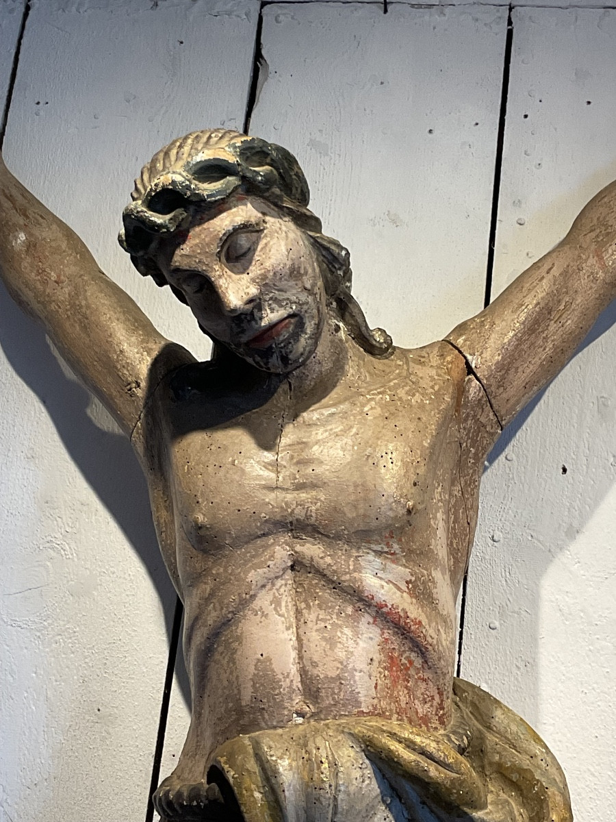 Large Polychrome Wooden Christ, 17th Century-photo-2