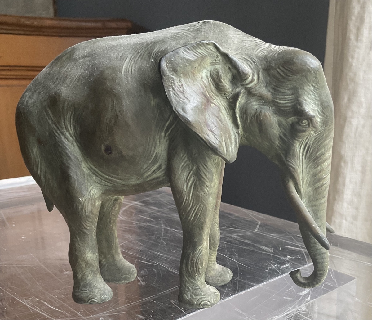 Small Elephant Green Patina Spelter -photo-4