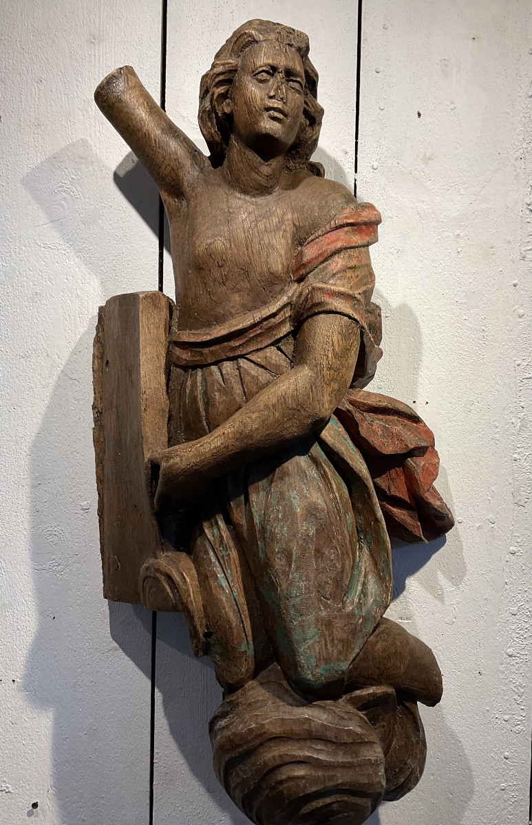 Pair Of 18th Century Wooden Angels, Remains Of Polychromy -photo-3