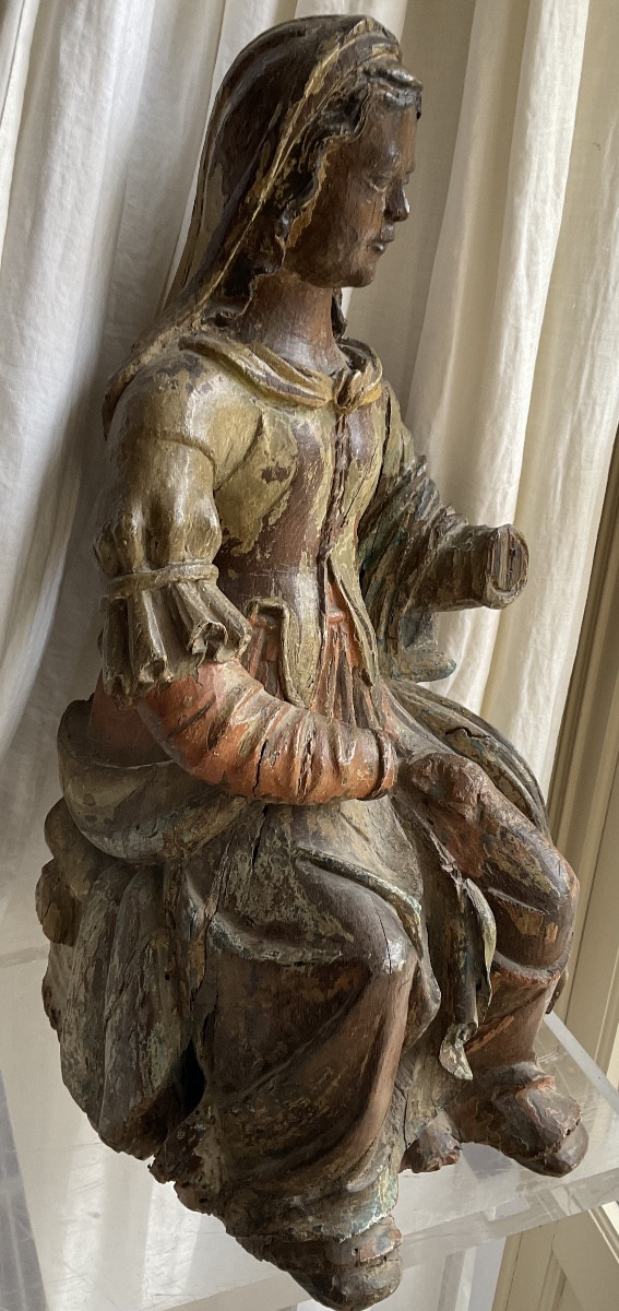 Virgin 17th Century Polychrome Wood H63-photo-2