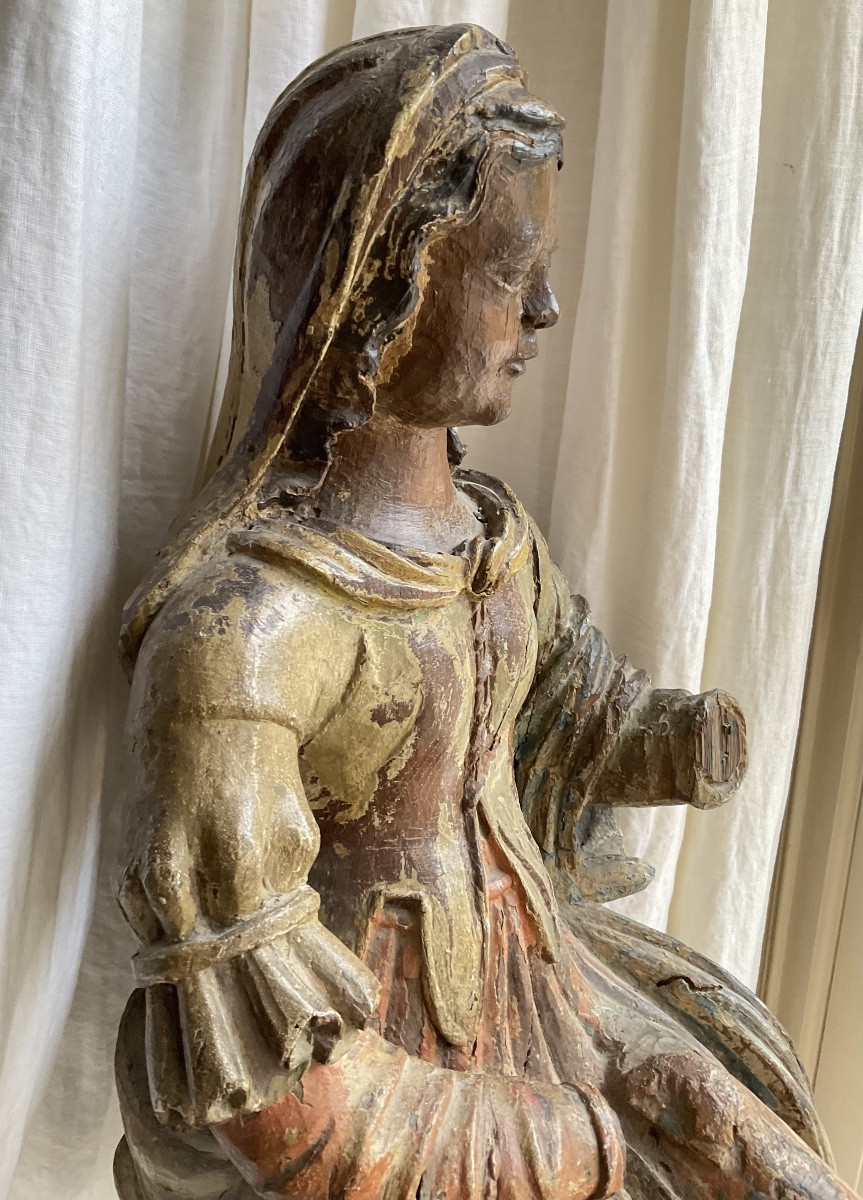 Virgin 17th Century Polychrome Wood H63-photo-3