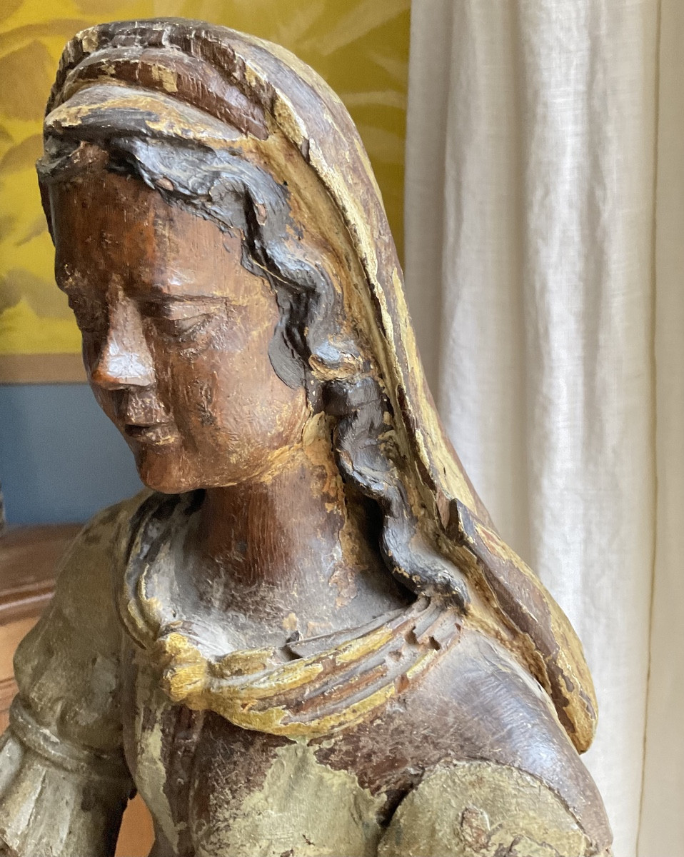 Virgin 17th Century Polychrome Wood H63-photo-4