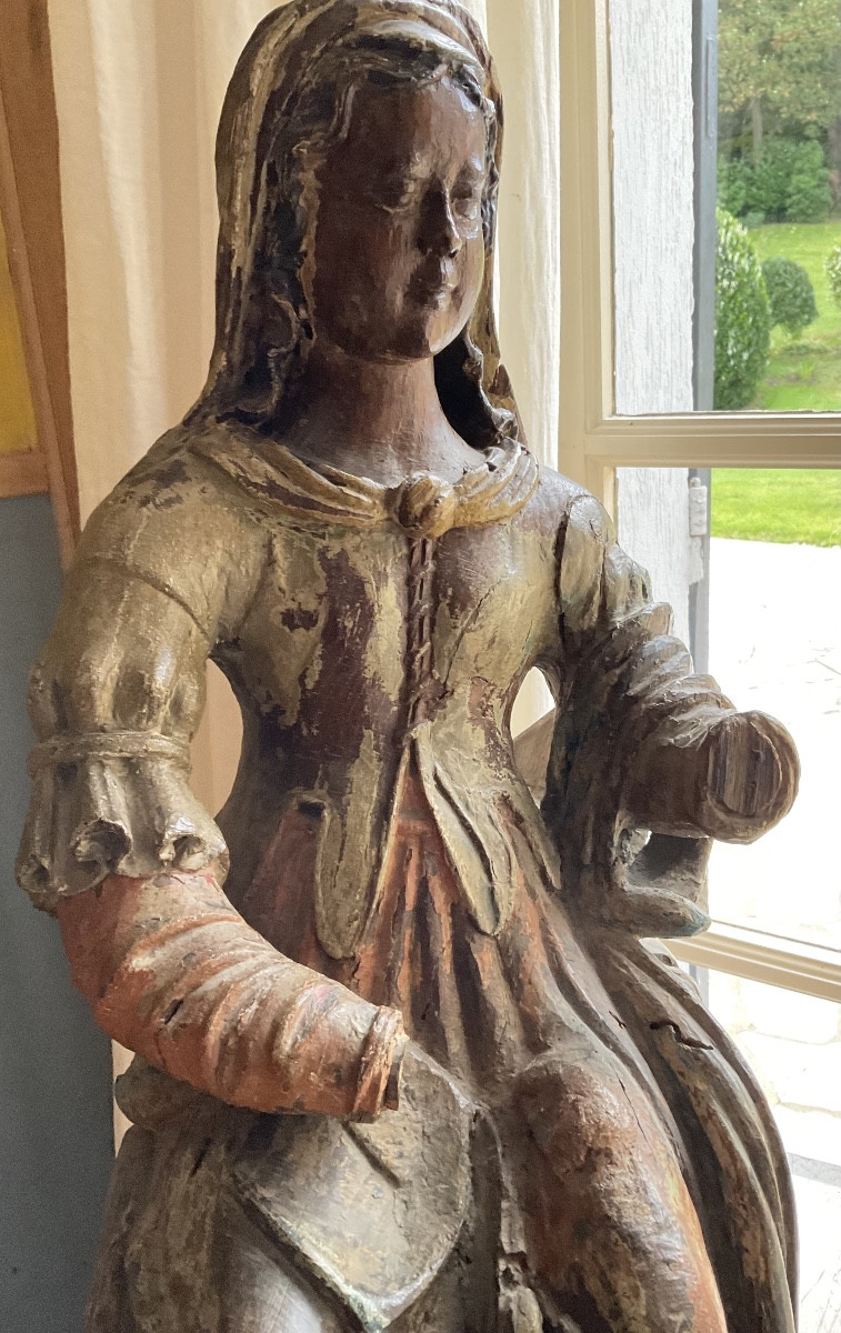 Virgin 17th Century Polychrome Wood H63-photo-2