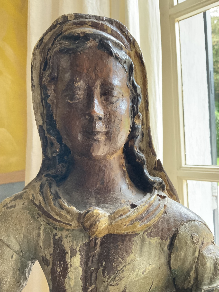 Virgin 17th Century Polychrome Wood H63-photo-5