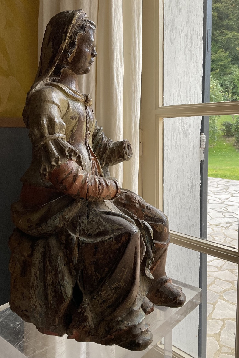 Virgin 17th Century Polychrome Wood H63-photo-7