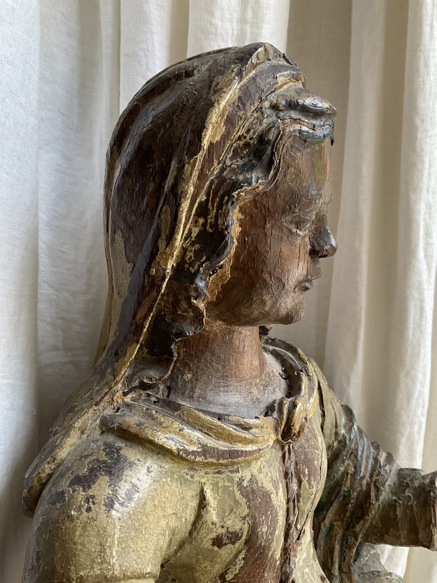 Virgin 17th Century Polychrome Wood H63