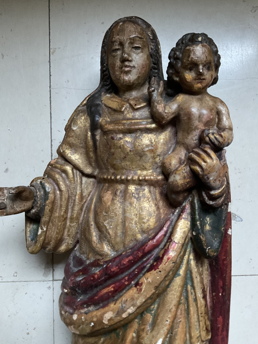 Virgin And Child 18th Century Polychrome Wood -photo-3