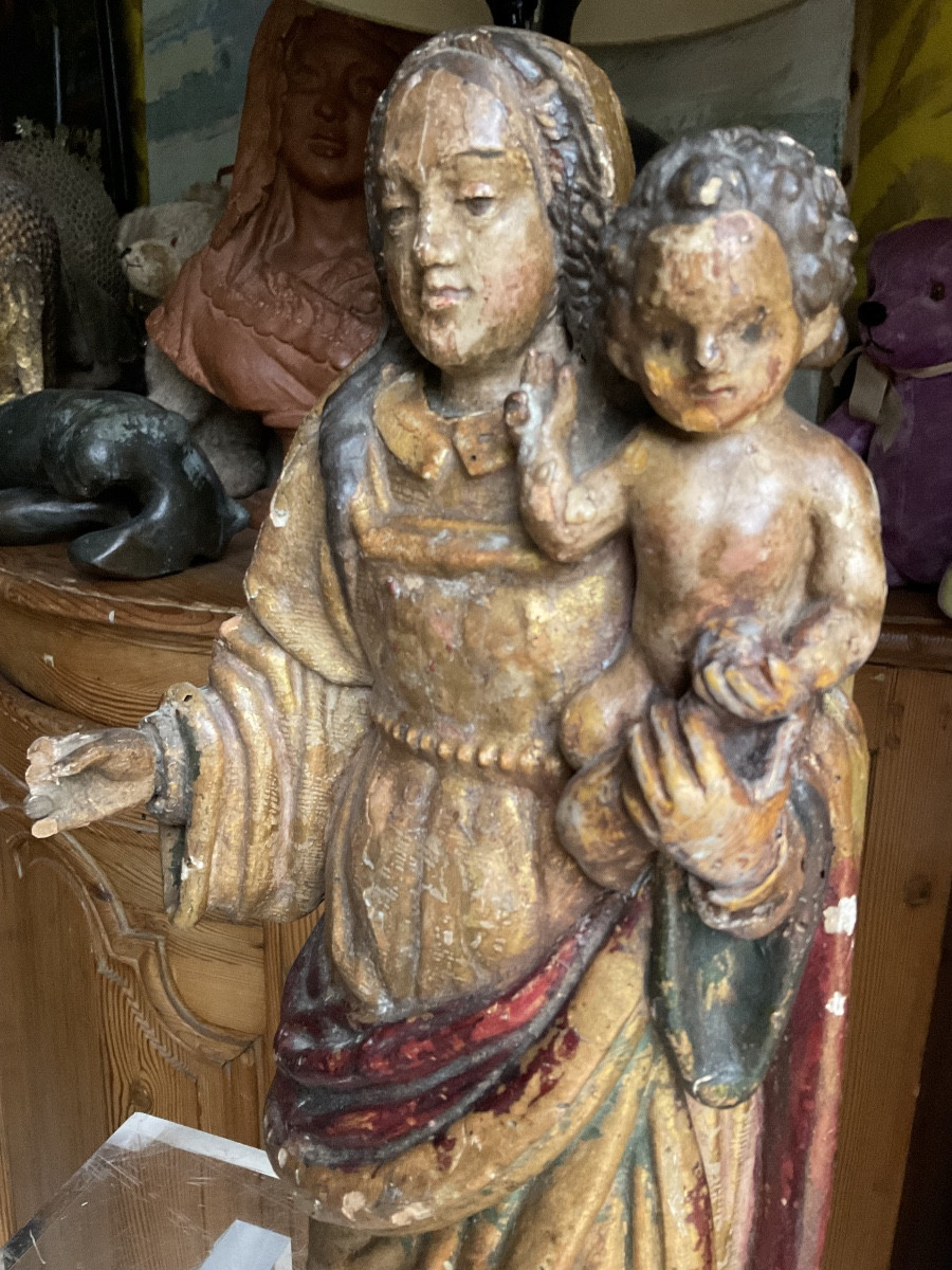 Virgin And Child 18th Century Polychrome Wood -photo-2