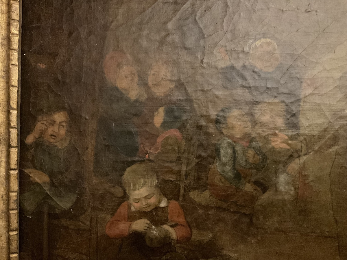 18th Century Canvas With Gilded Wooden Frame, Children In Holland-photo-3