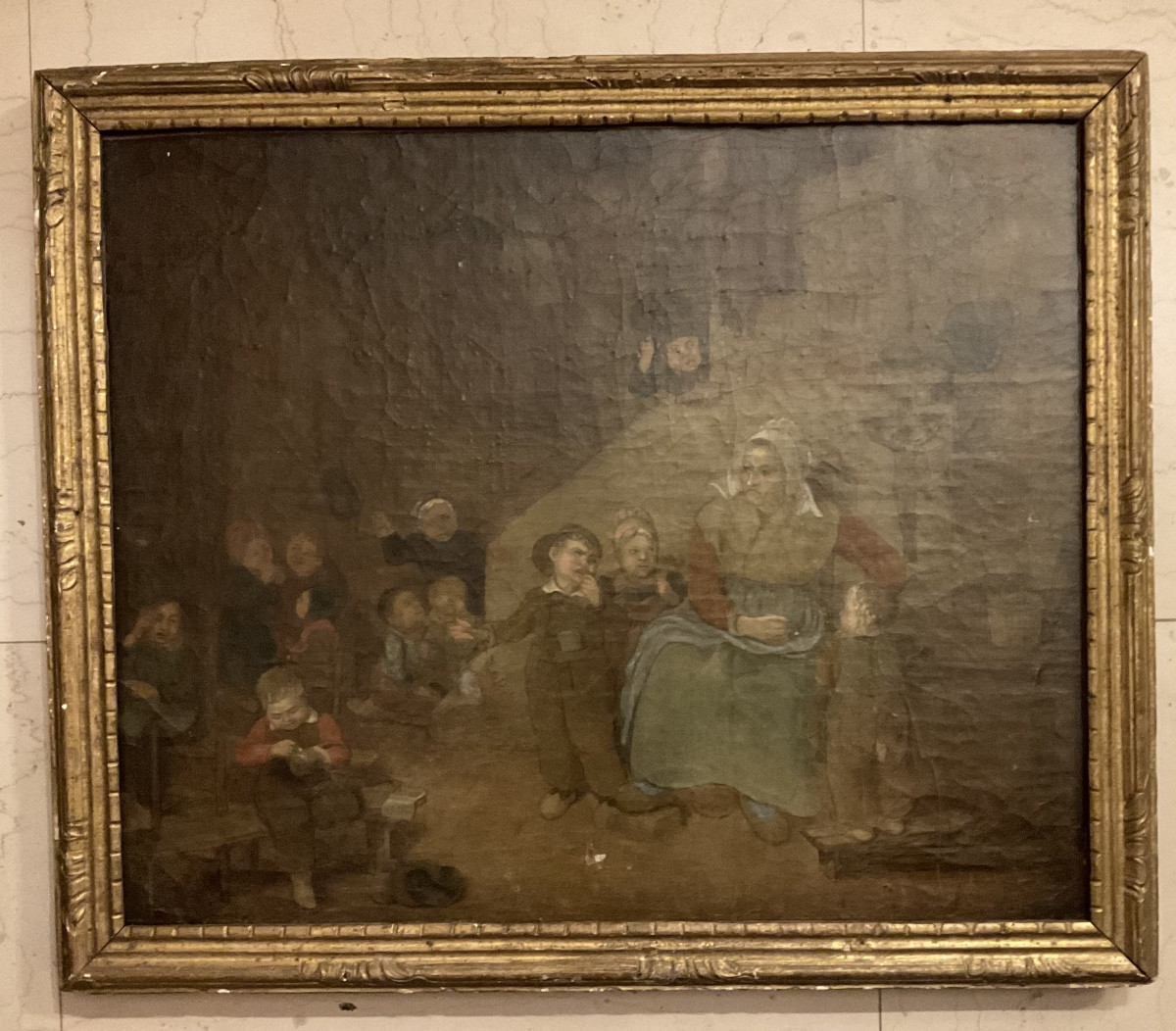 18th Century Canvas With Gilded Wooden Frame, Children In Holland-photo-4