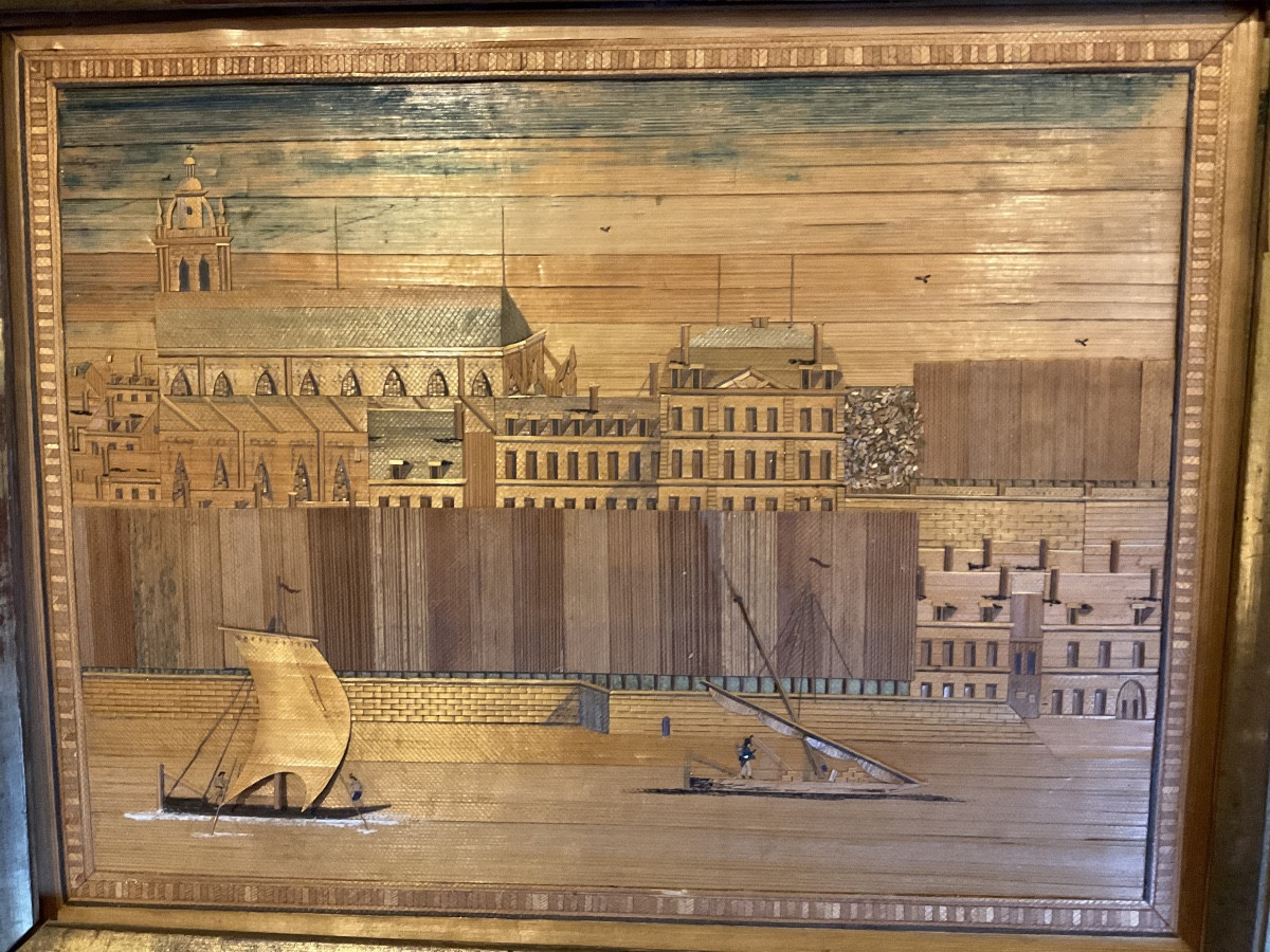Small Frame In Straw Marquetry Depicting Boats On The River-photo-2