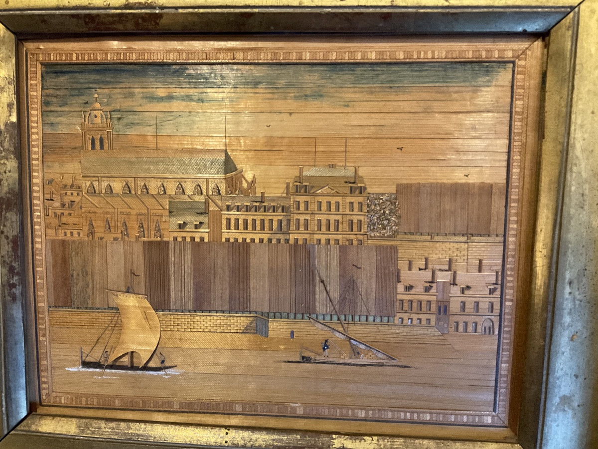 Small Frame In Straw Marquetry Depicting Boats On The River-photo-3