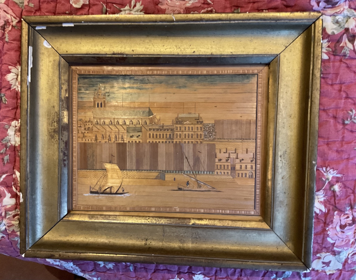 Small Frame In Straw Marquetry Depicting Boats On The River-photo-4