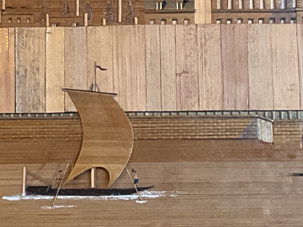 Small Frame In Straw Marquetry Depicting Boats On The River-photo-2