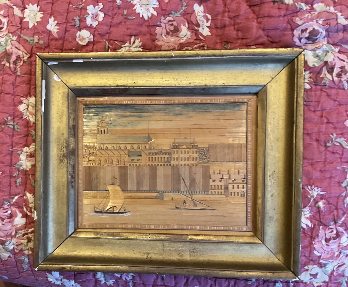 Small Frame In Straw Marquetry Depicting Boats On The River