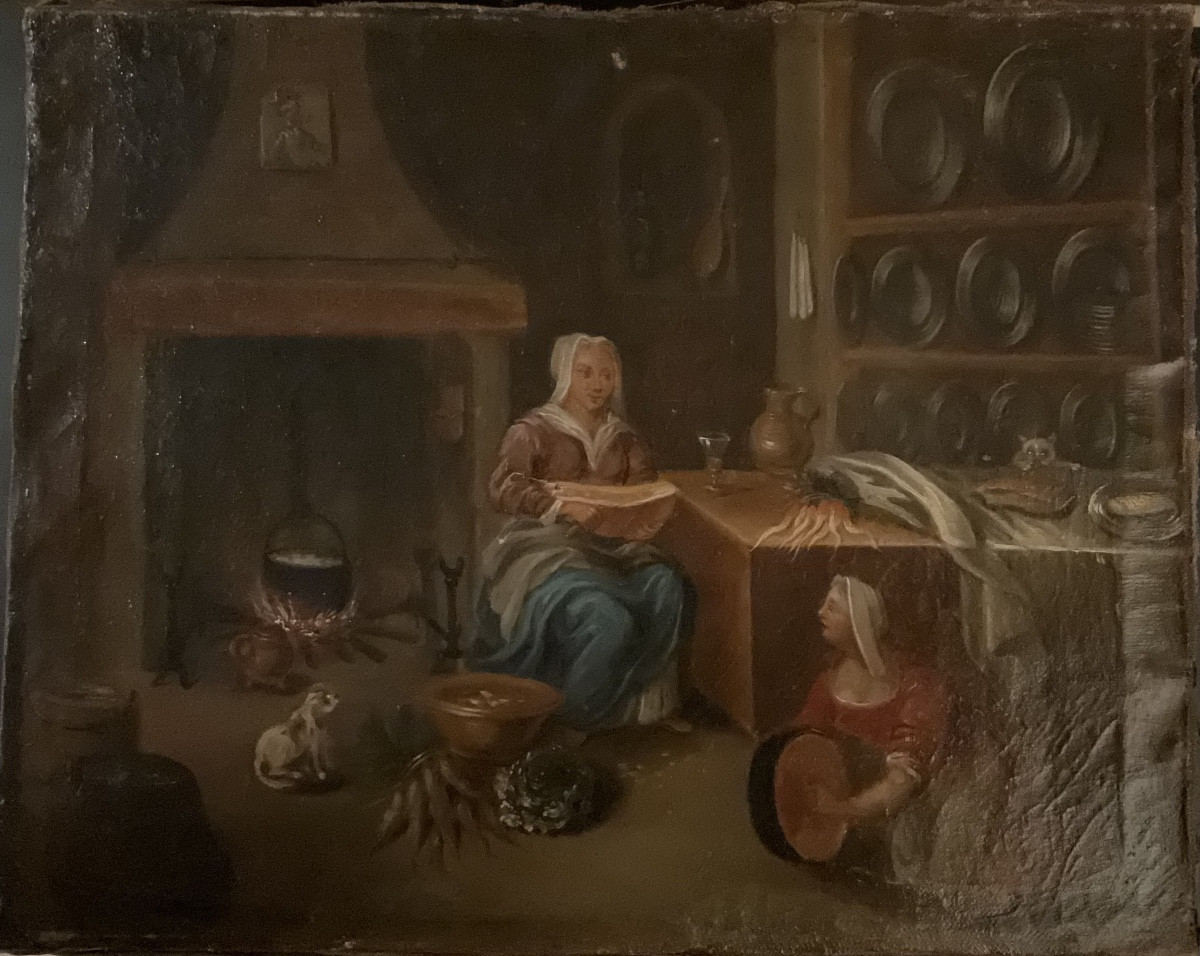 Interior Of A Kitchen, Flanders, 18th Century, Oil On Canvas-photo-2
