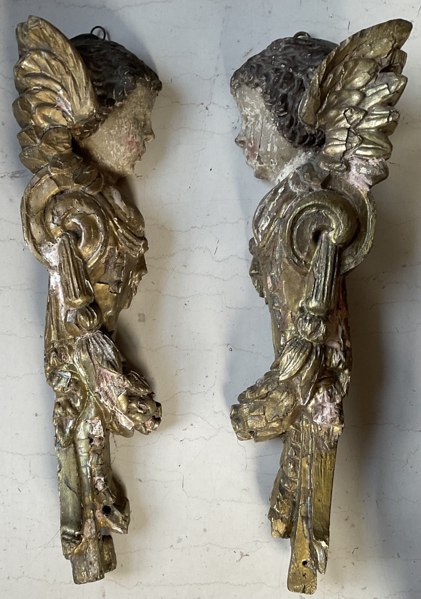 Hanging Angel Heads, 18th Century, Polychrome Wood -photo-3