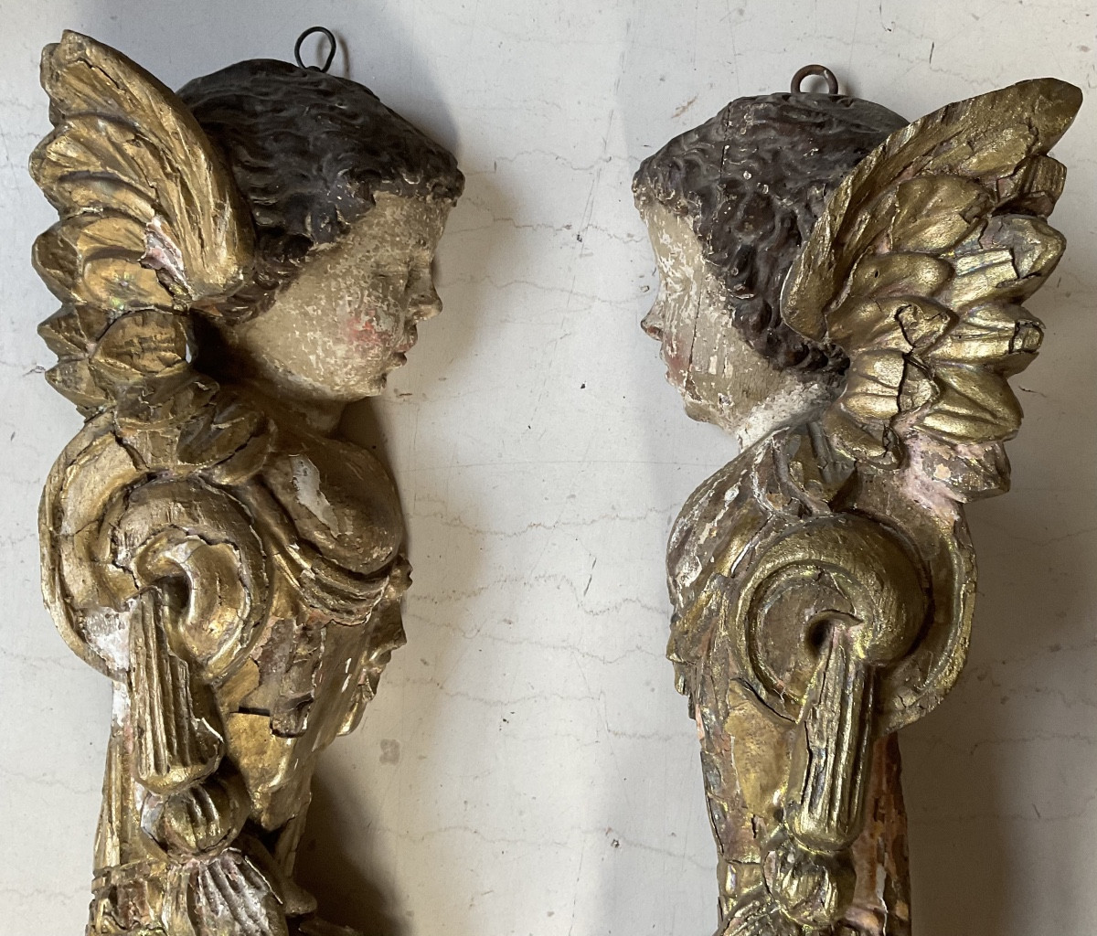 Hanging Angel Heads, 18th Century, Polychrome Wood -photo-2