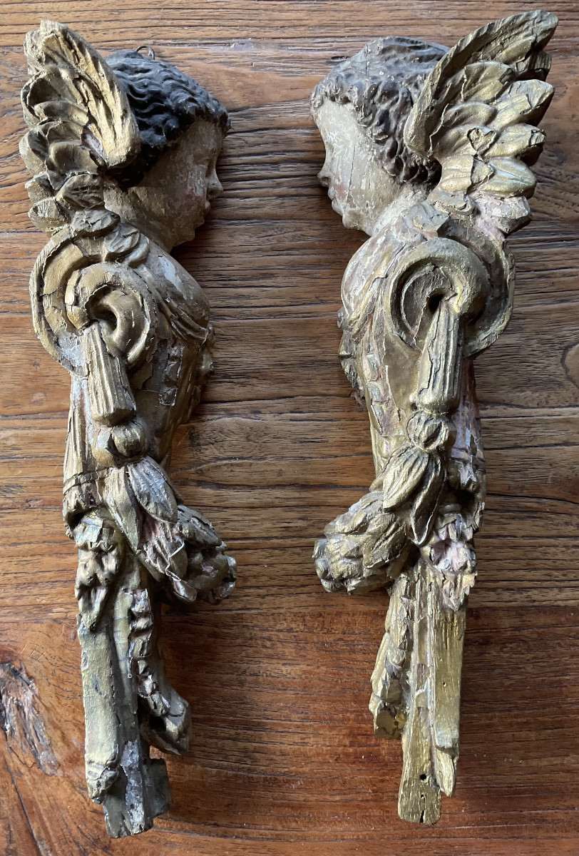 Hanging Angel Heads, 18th Century, Polychrome Wood -photo-3