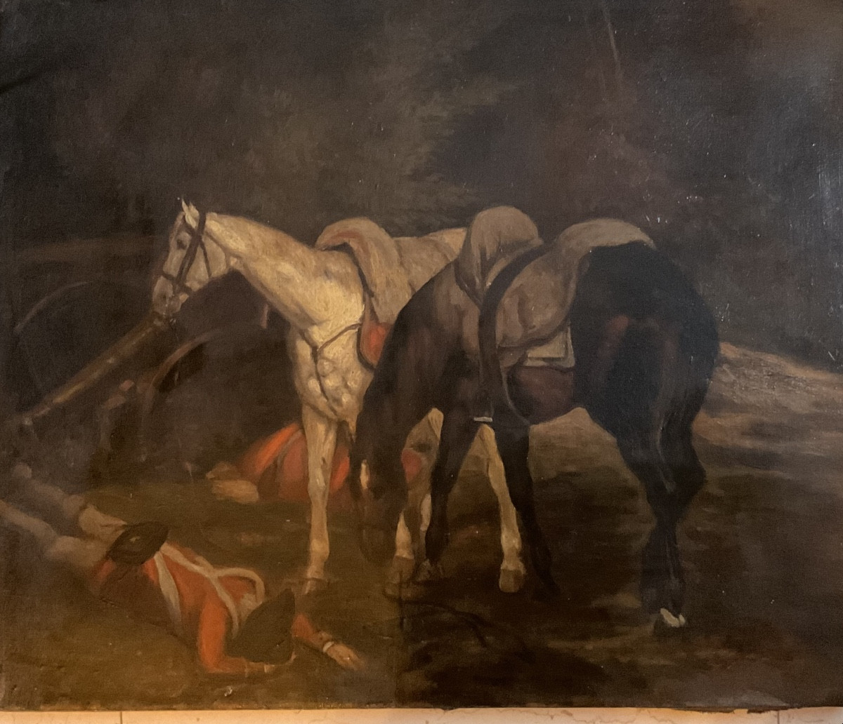 Chevaux et militaires huile sur toile-photo-3