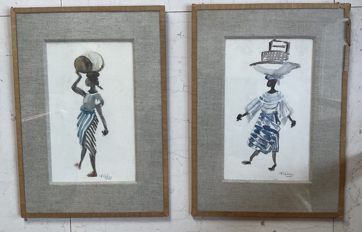Paire d’aquarelles africanistes de F Maline 