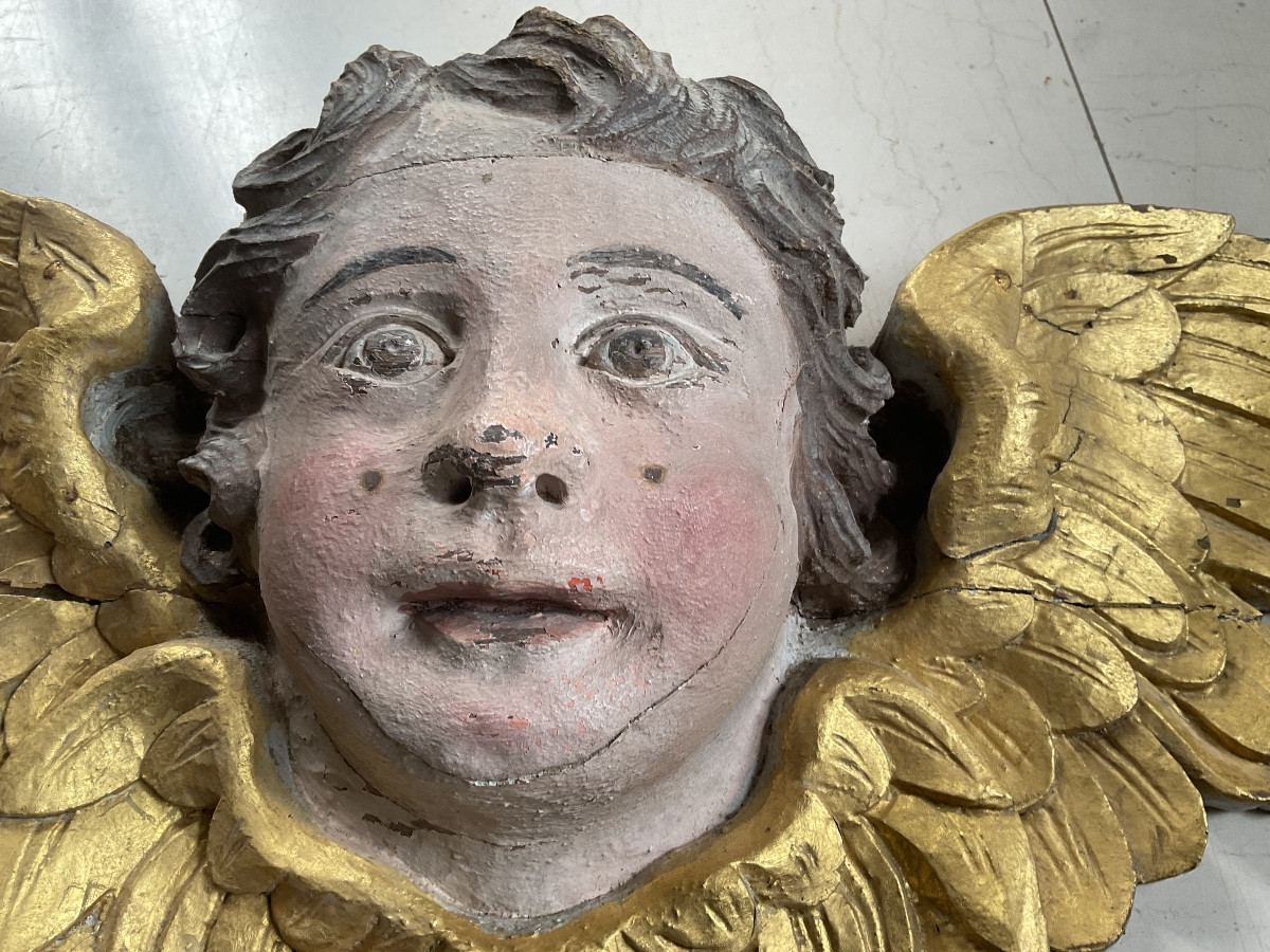 Large Gilded Wooden Angel Head, 18th Century-photo-3