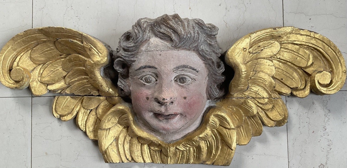 Large Gilded Wooden Angel Head, 18th Century-photo-1