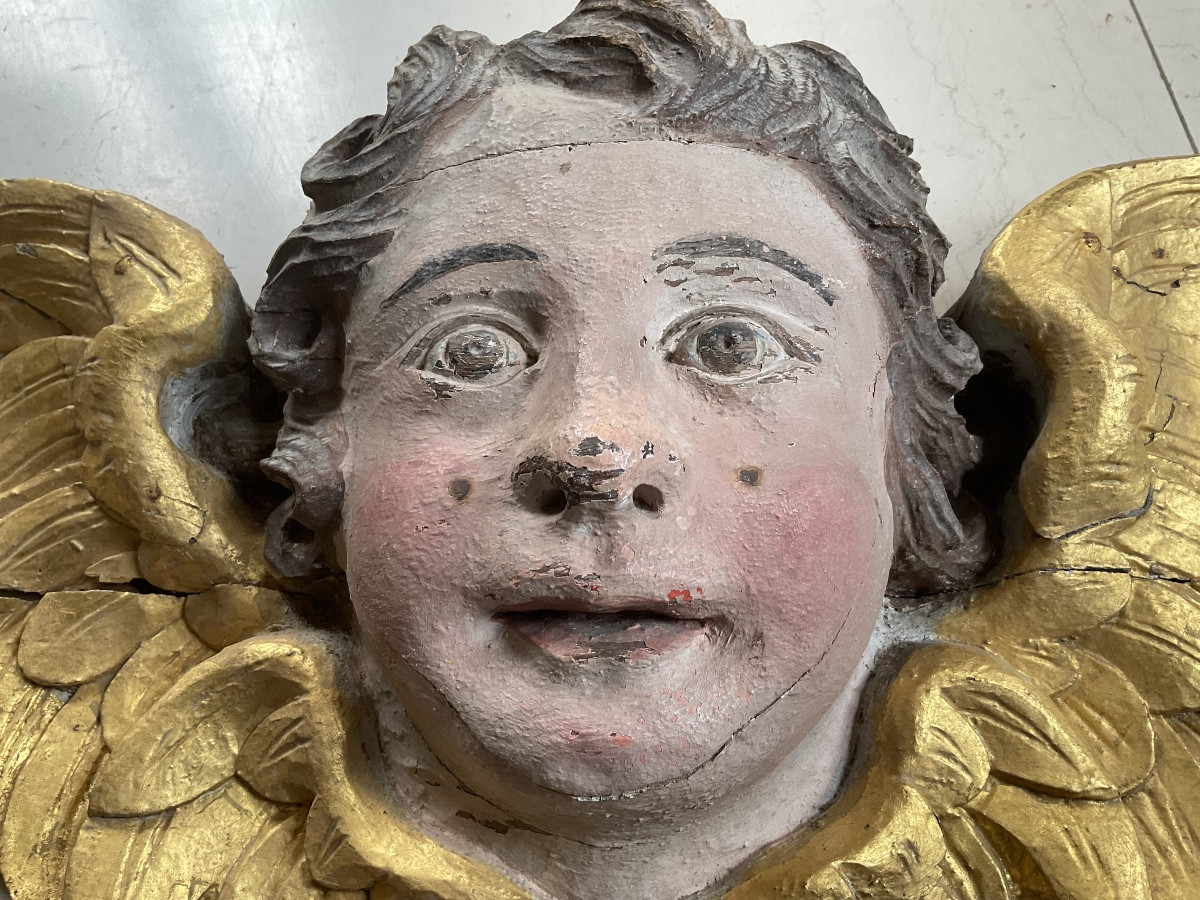 Large Gilded Wooden Angel Head, 18th Century-photo-2