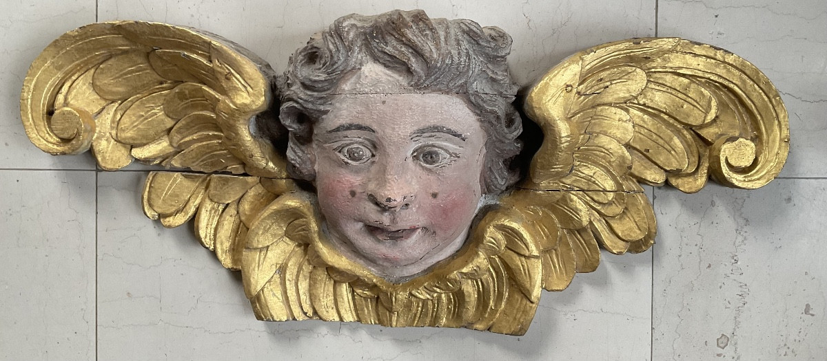 Large Gilded Wooden Angel Head, 18th Century-photo-3