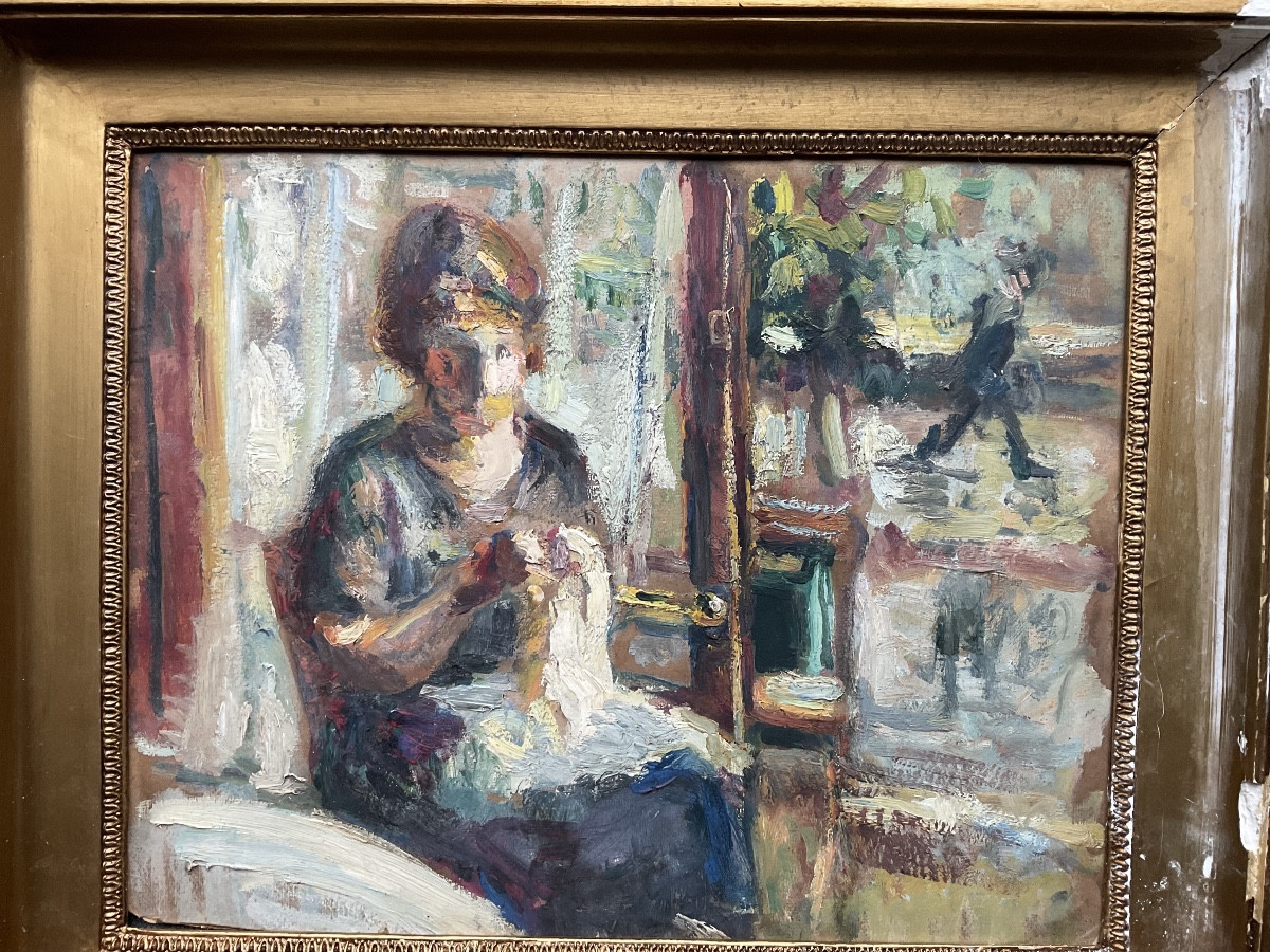 Femme  devant la fenêtre huile sur carton double face-photo-2