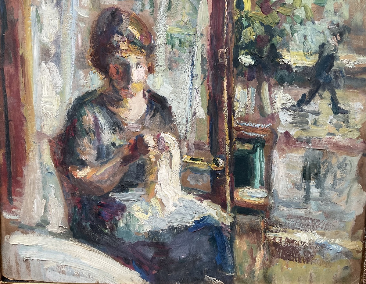 Femme  devant la fenêtre huile sur carton double face