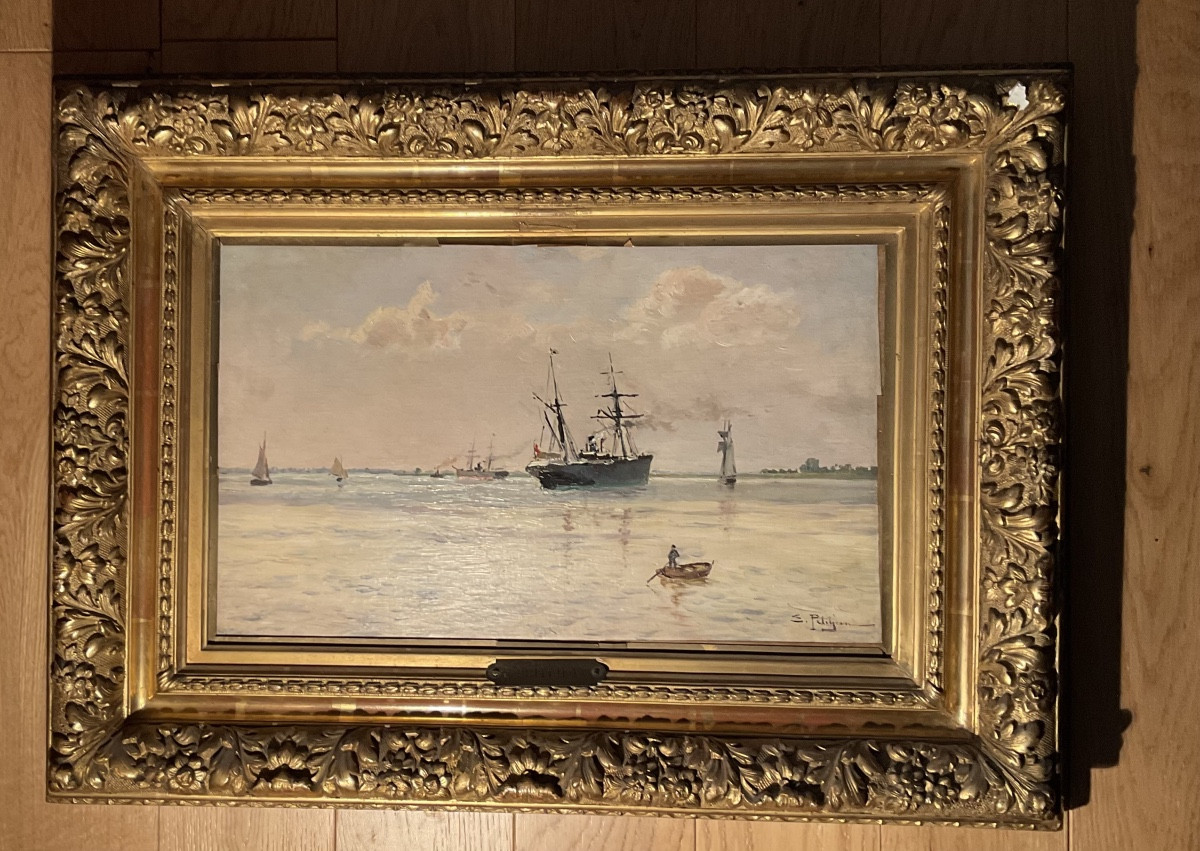 Edmond Petitjean Marine huile sur toile-photo-3