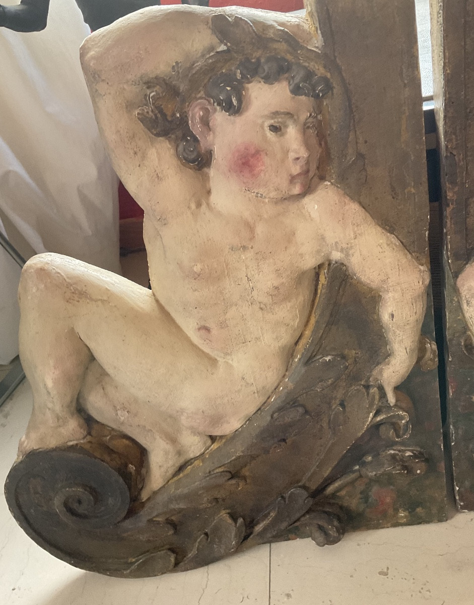 Paire de putti  en bas relief chêne XVIIIe-photo-2