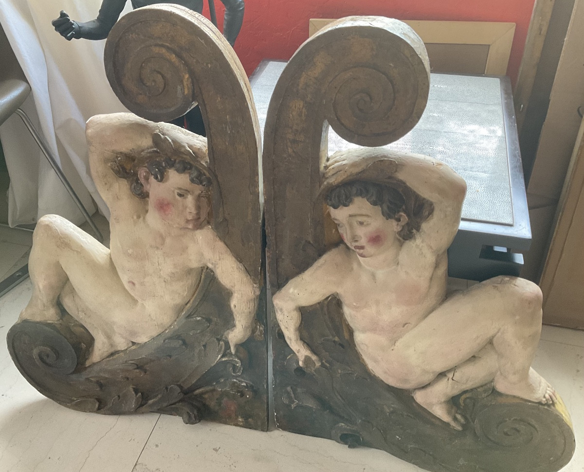 Paire de putti  en bas relief chêne XVIIIe-photo-4