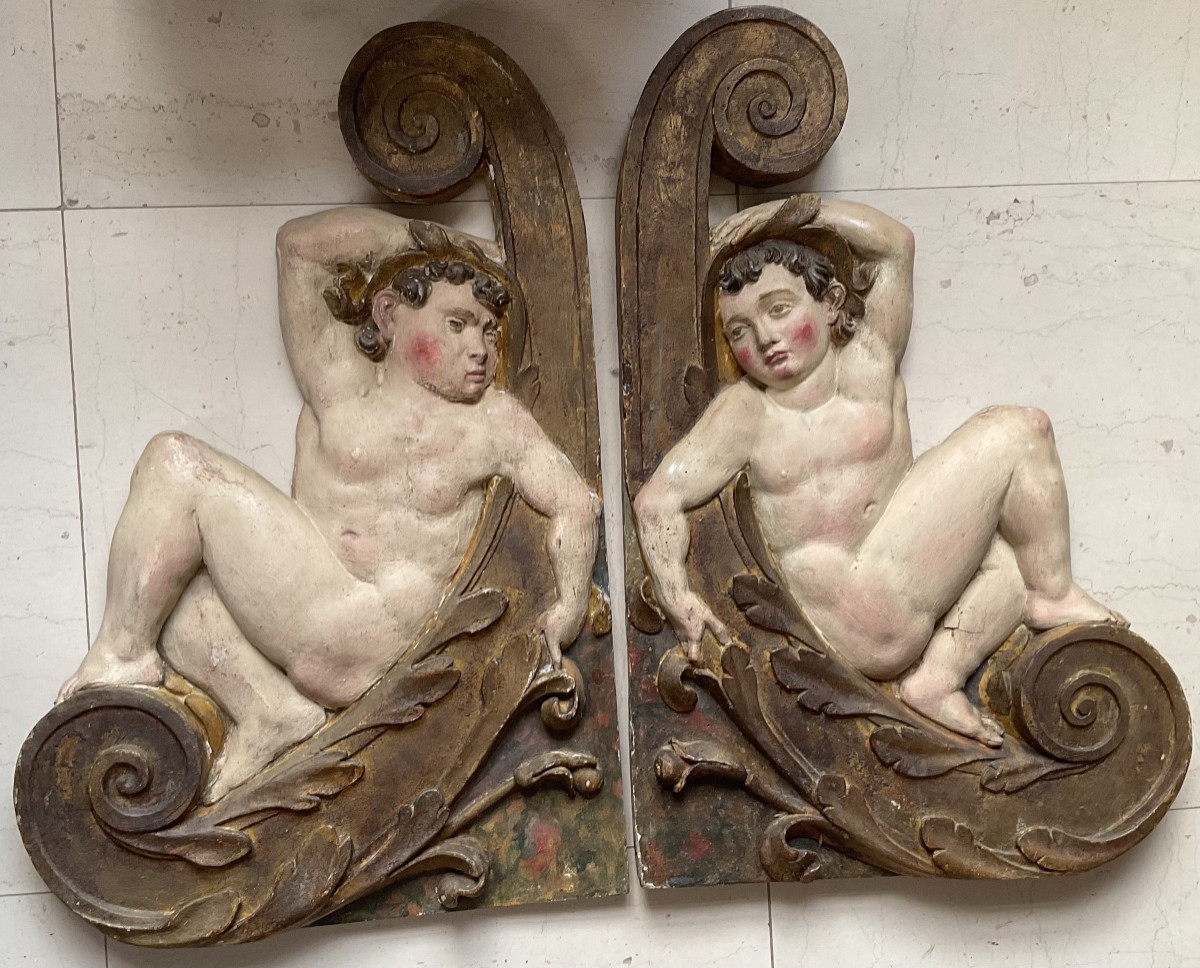 Paire de putti  en bas relief chêne XVIIIe-photo-6