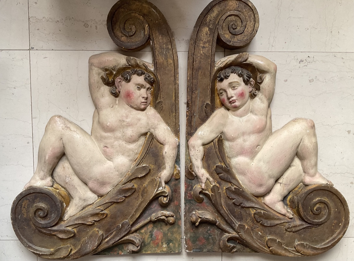 Paire de putti  en bas relief chêne XVIIIe-photo-7
