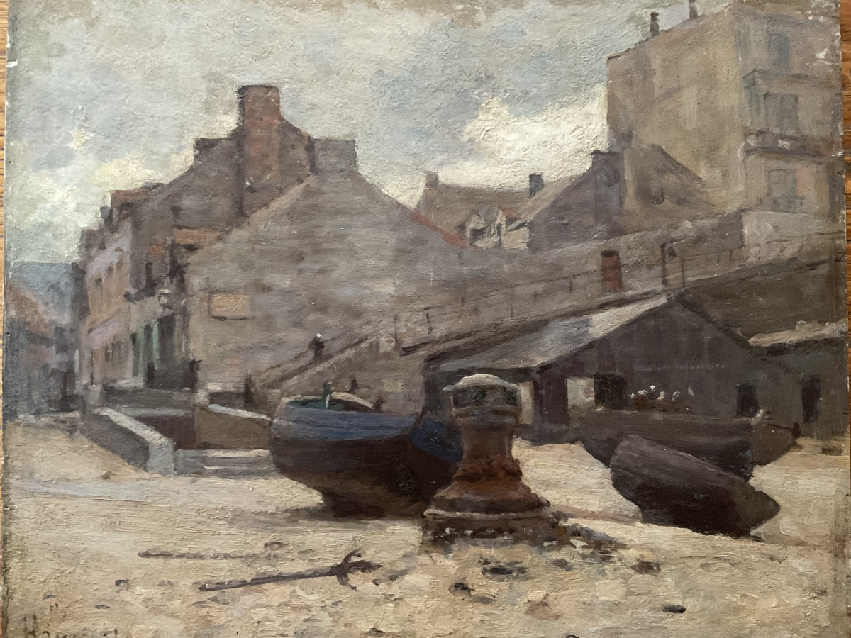 Barques échouées huile sur panneau -photo-3