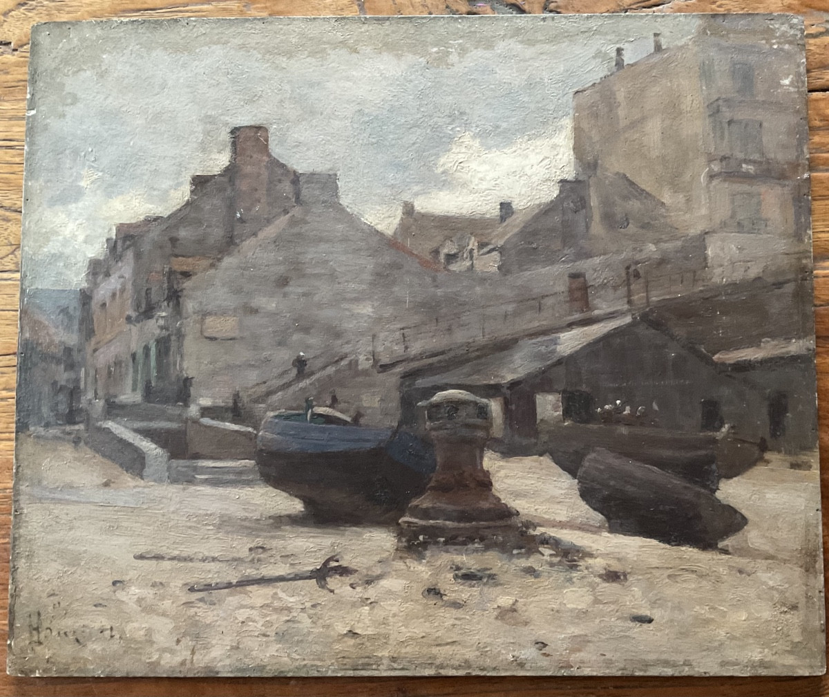 Barques échouées huile sur panneau -photo-4