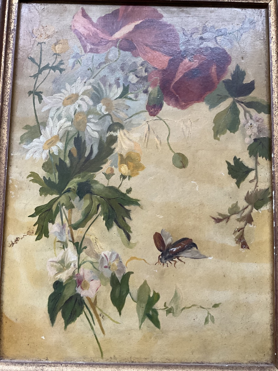 Insecte et fleurs huile sur carton-photo-2