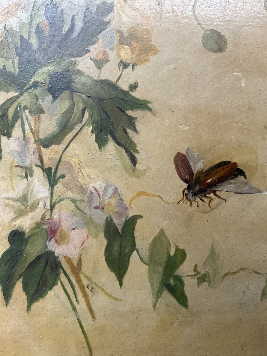 Insecte et fleurs huile sur carton-photo-3