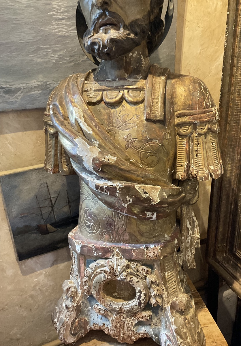 Important buste italien reliquaireXVIIe bois dore-photo-4