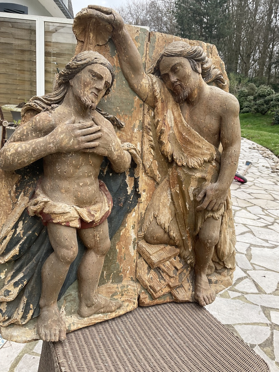 Baptême du Christ bas relieffinXVIIeBois polychrome -photo-3