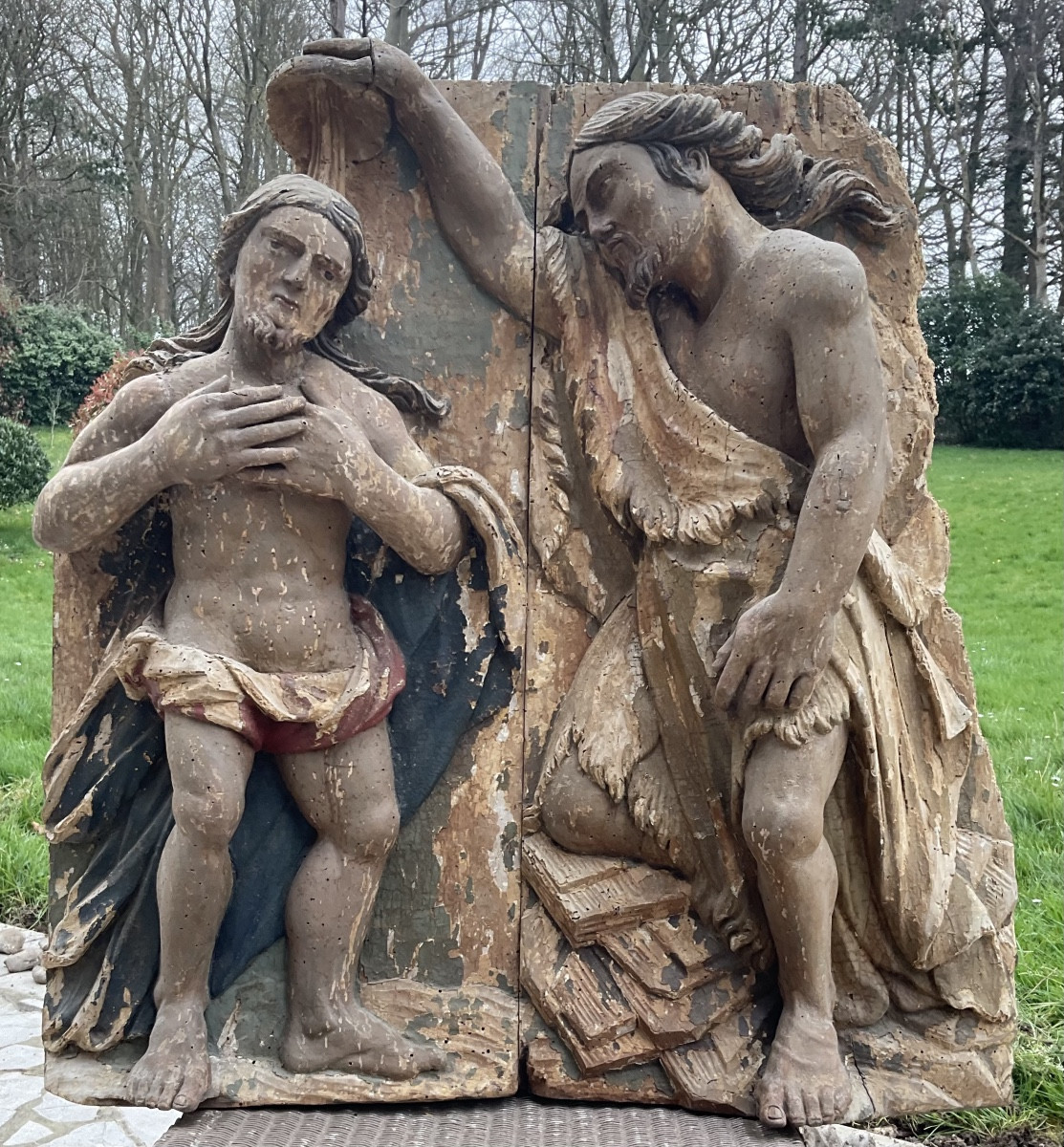 Baptême du Christ bas relieffinXVIIeBois polychrome -photo-4