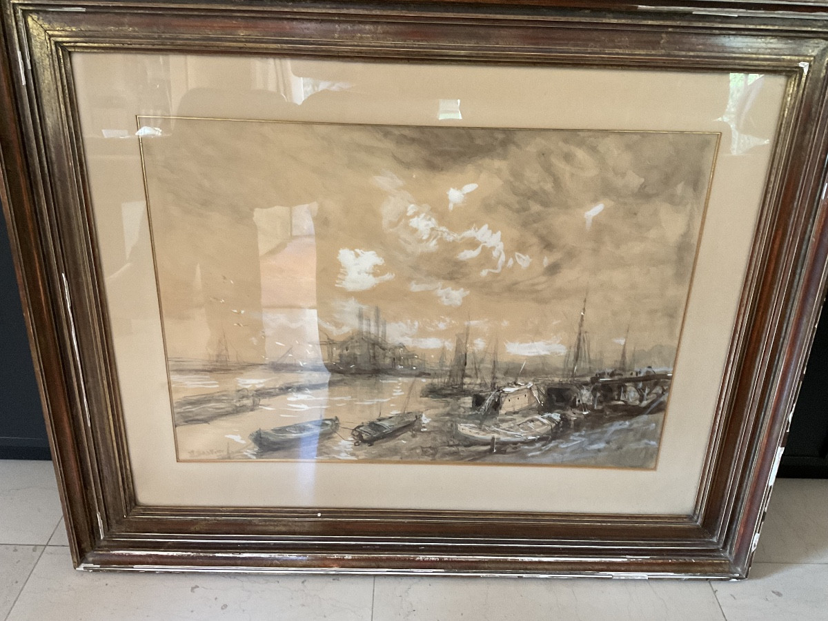 Large Format For This View Of A Port, Watercolor In Ink And White Chalk-photo-2