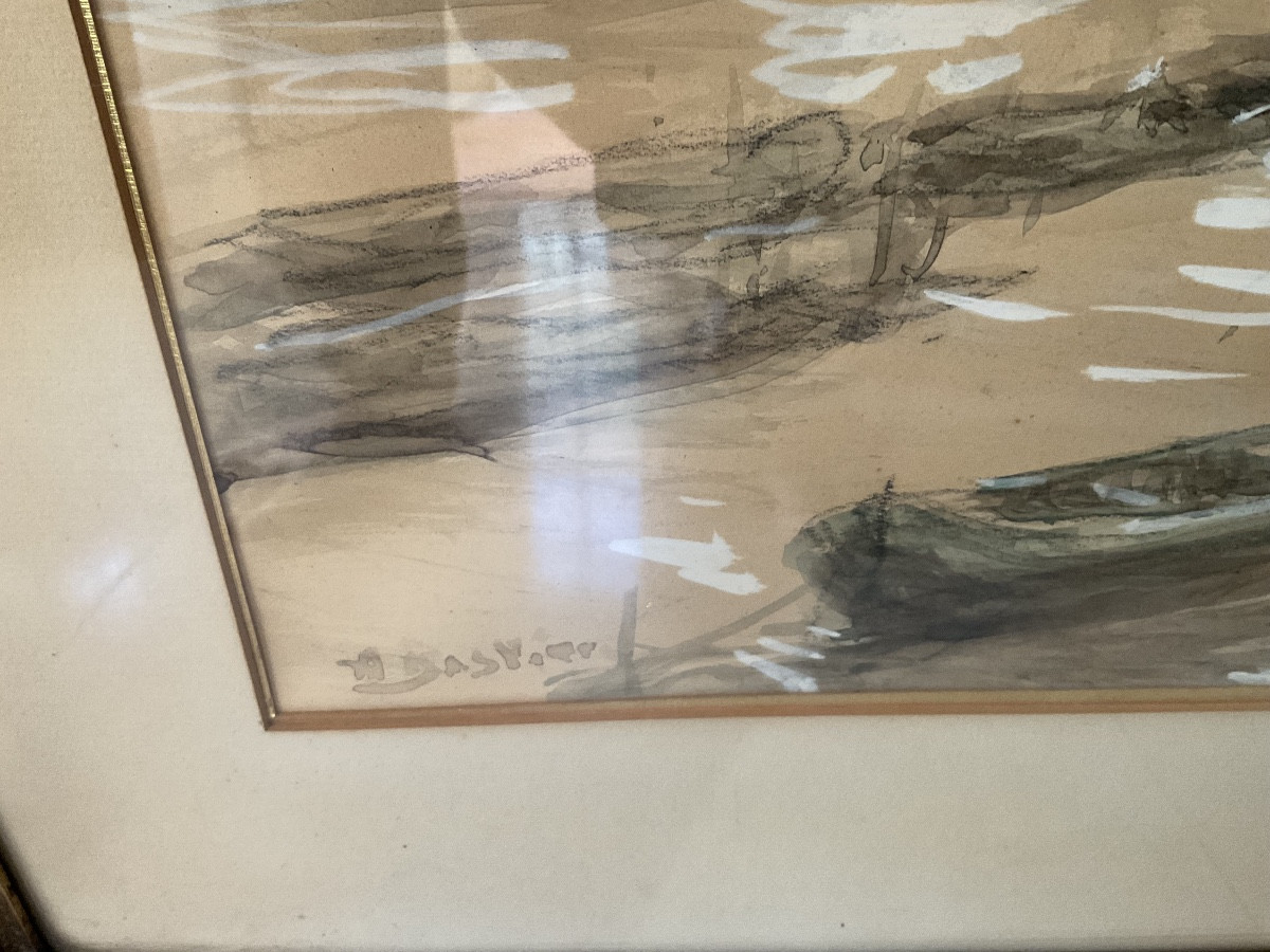 Large Format For This View Of A Port, Watercolor In Ink And White Chalk-photo-4