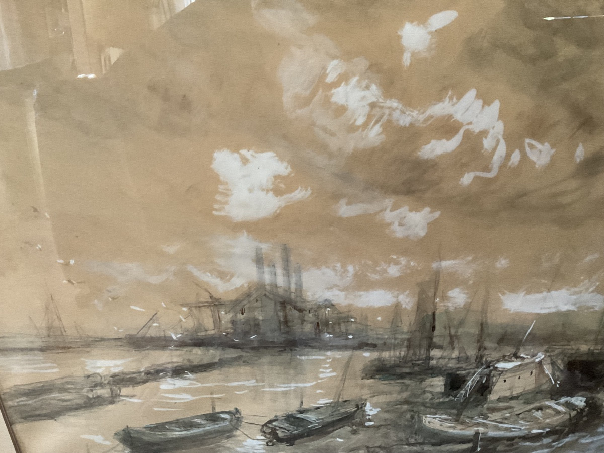 Large Format For This View Of A Port, Watercolor In Ink And White Chalk-photo-1
